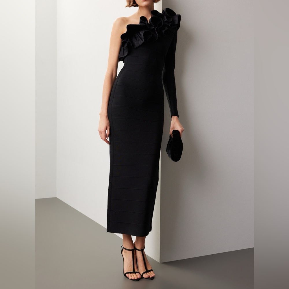 Herve Leger Asymmetrical Ruffle Gown, L